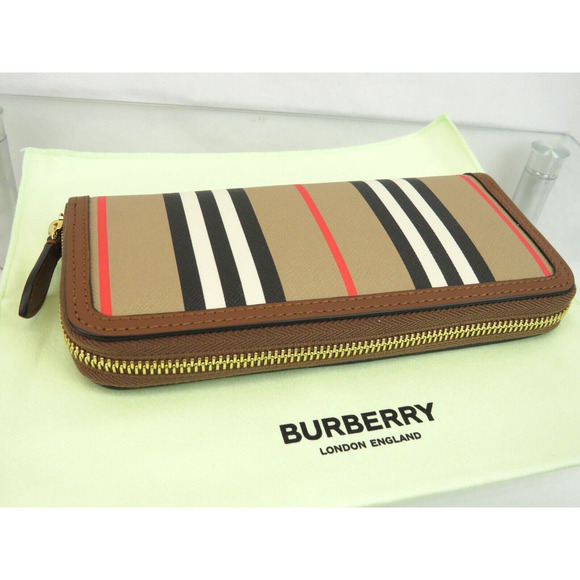BURBERRY ELLERBY TAN LEATHER ICON STRIPE CANVAS ZIP AROUND CONTINENTAL WALLET - Picture 2 of 13
